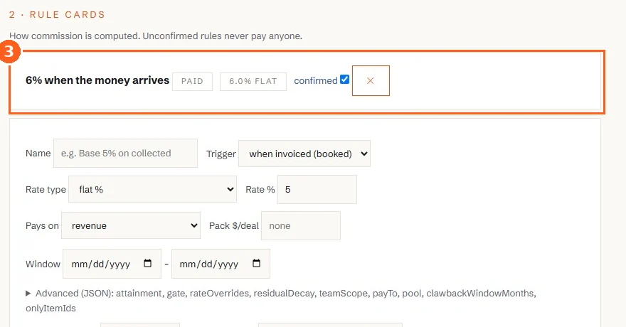 Rule cards: a confirmed card reading 6% when the money arrives, above the form for adding another with trigger, rate type, and what it pays on.
