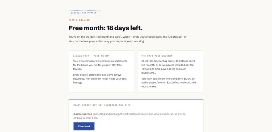 The plan and billing page during the free month