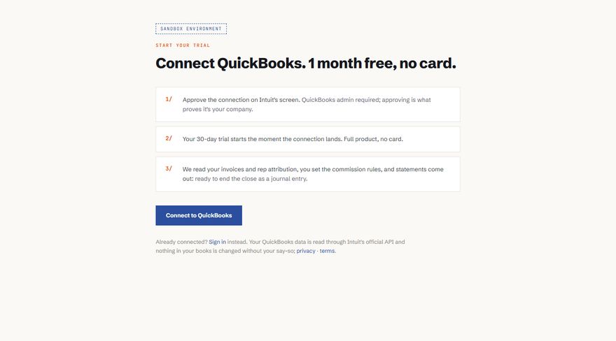 The connect page: the trial offer and the Connect to QuickBooks button